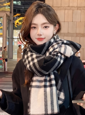 OVANCY高级感围巾女冬季黑白复古格子披肩外套英伦氛围感保暖围脖