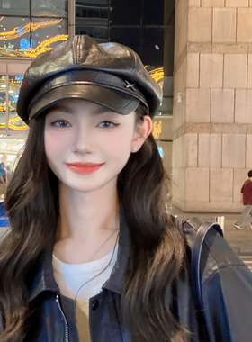 OVANCY高级感PU皮质八角帽女2026新款海军贝雷帽英伦复古报童帽子