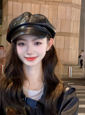 OVANCY显脸小PU皮质八角帽女2026新款海军贝雷帽英伦复古报童帽子