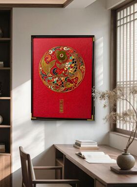 S6066国潮红金锦鲤纹氛围营造餐厅走廊墙面装饰挂画6383