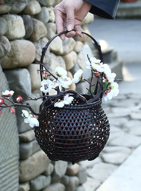 日式禅意竹编花篮插花器
