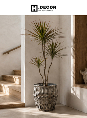 灰色藤编柳编圆口大容量落地花篮
