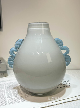 奶油风小口径大肚手工琉璃花瓶高级感艺术摆件客厅样板间桌面装饰