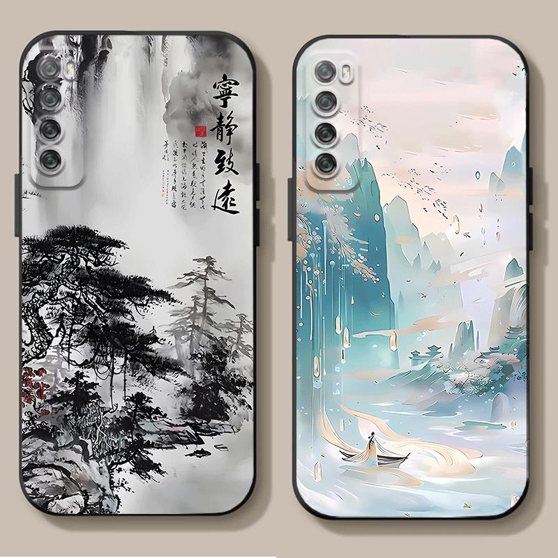Suitable for Huawei nova7 mobile phone case couple 7es Chinese style novo7se5g new Chinese style nowa national trend men and women anti-fall por Lohas version n7p landscape calligraphy all-inclusive navo soft rubber cover