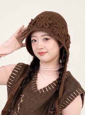手工钩花女保暖显脸小毛线套头帽