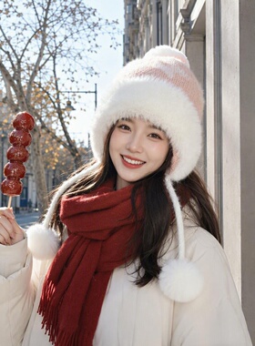 冬季保暖雪花毛绒围脖一体帽女