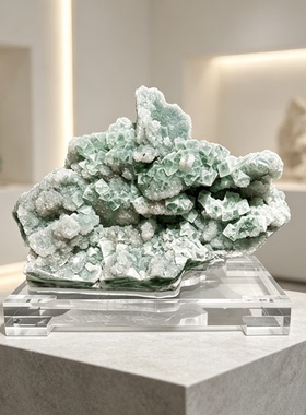 天然砂糖萤石原石摆件 绿色晶簇透明底座 客厅玄关样板间装饰