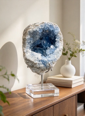 精品天然天青石晶洞原石 带展示底座玄关收藏摆件
