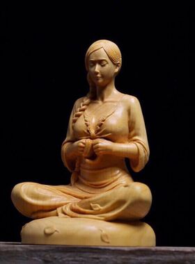 黄杨木雕刻车摆件中国风美人中式家居工艺品坐禅静思少女人物摆件