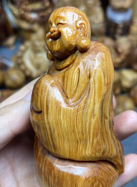 太行崖柏全糖心结油弥勒佛雕刻木雕手工摆件手把