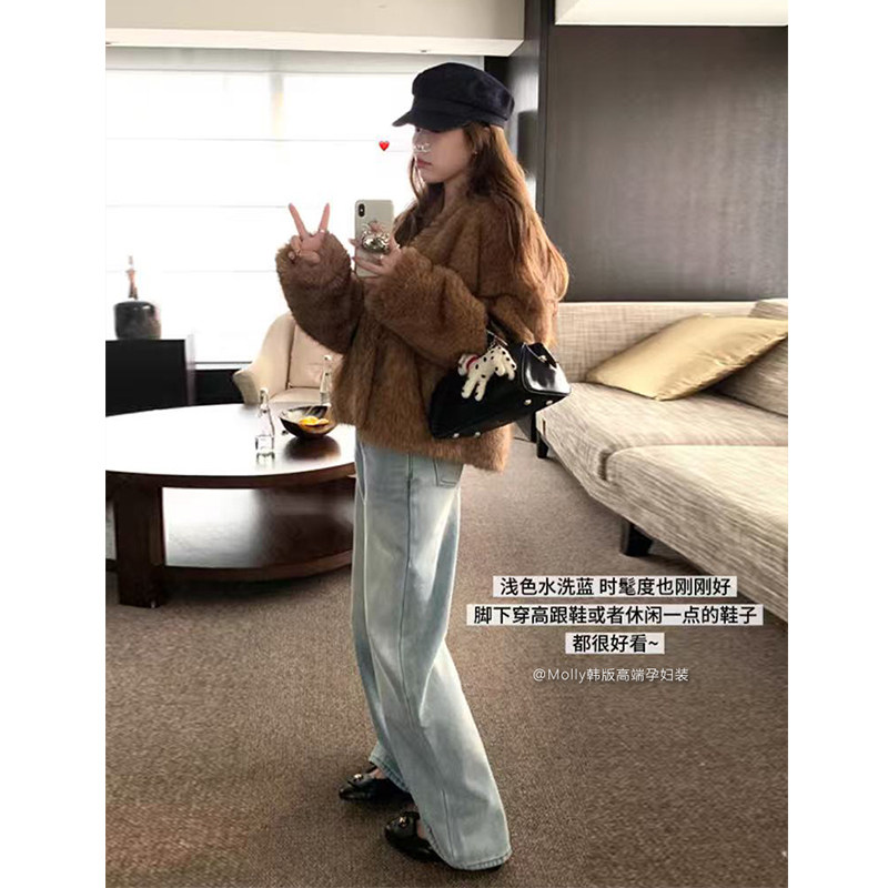 孕妇窄版浅蓝色牛仔拖地裤秋冬外穿加绒加厚时尚休闲直筒阔腿裤子,淘宝优惠券,粉丝福利购,淘宝优惠卷