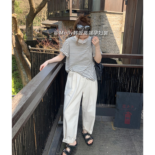 孕妇工装老爹裤春秋薄款夏季外穿时尚宽松休闲大码萝卜裤托腹裤子 - 图2
