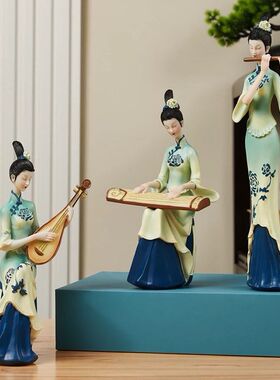 只此中国青绿摆件中式国潮古典仕女高档客厅玄关酒柜轻奢装饰品