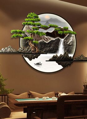 新中式3d立体迎客松带灯挂件客厅玄关茶桌背景墙装饰画圆山水壁画
