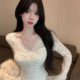 纯欲风性感蕾丝花边v领长袖t恤女春夏紧身短款内搭辣妹风上衣秋冬