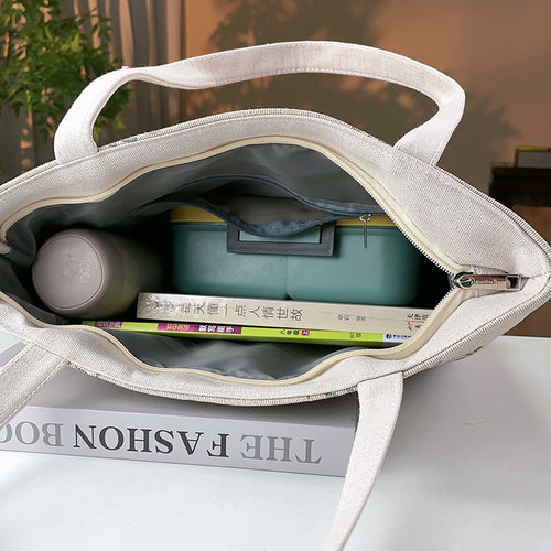 大容量帆布包女双面提花刺绣单肩包休闲百搭手提包上班通勤妈咪包 - 图2