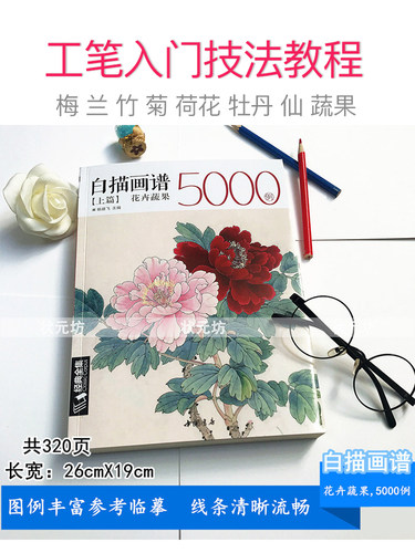 经典全集 白描画谱5000例上篇花卉蔬果正版工笔画入门教程成人白描工笔底稿花鸟鱼虫侍女工笔画手绘线描画牡丹水仙树叶白描画集 - 图0