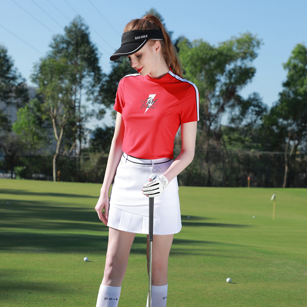 夏ZG6高尔夫女装球服装女运动球衣短袖T大红上衣网球服女白色裤裙
