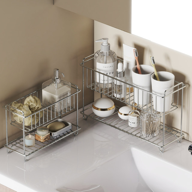 Stainless steel double-layer storage rack bathroom countertop drain rack bathroom skin care products kitchen seasoning water cup storage basket