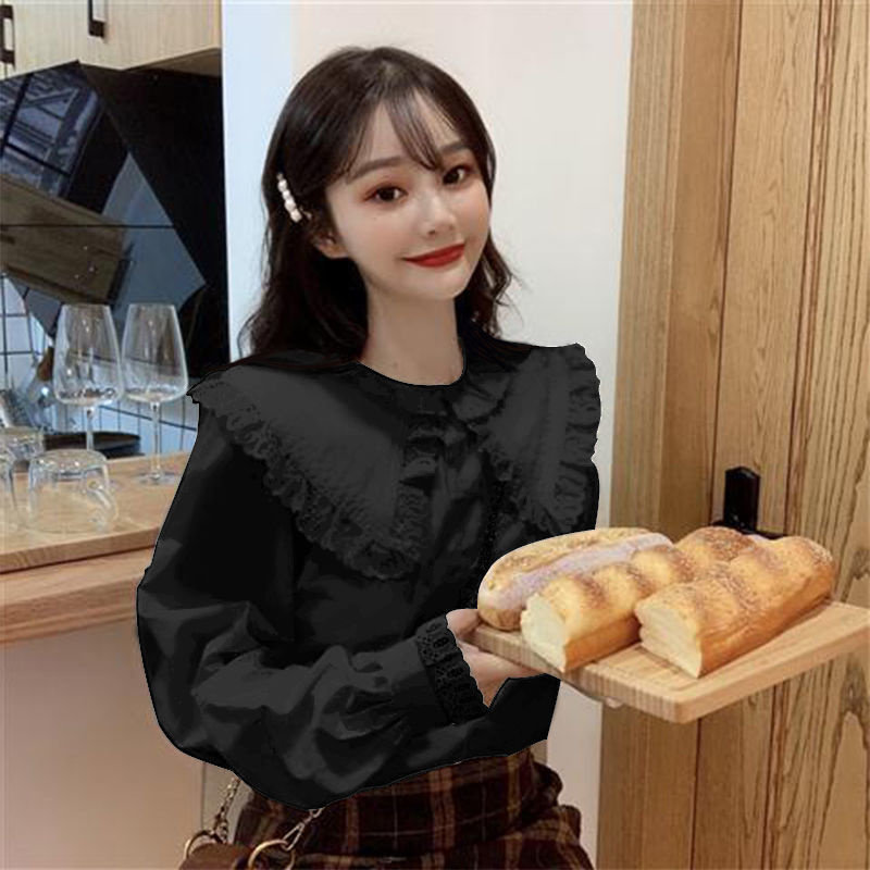 休闲蕾丝娃娃领长袖衬衫女春秋新款法式复古高级设计感泡泡袖上衣,淘宝优惠券,粉丝福利购,淘宝优惠卷