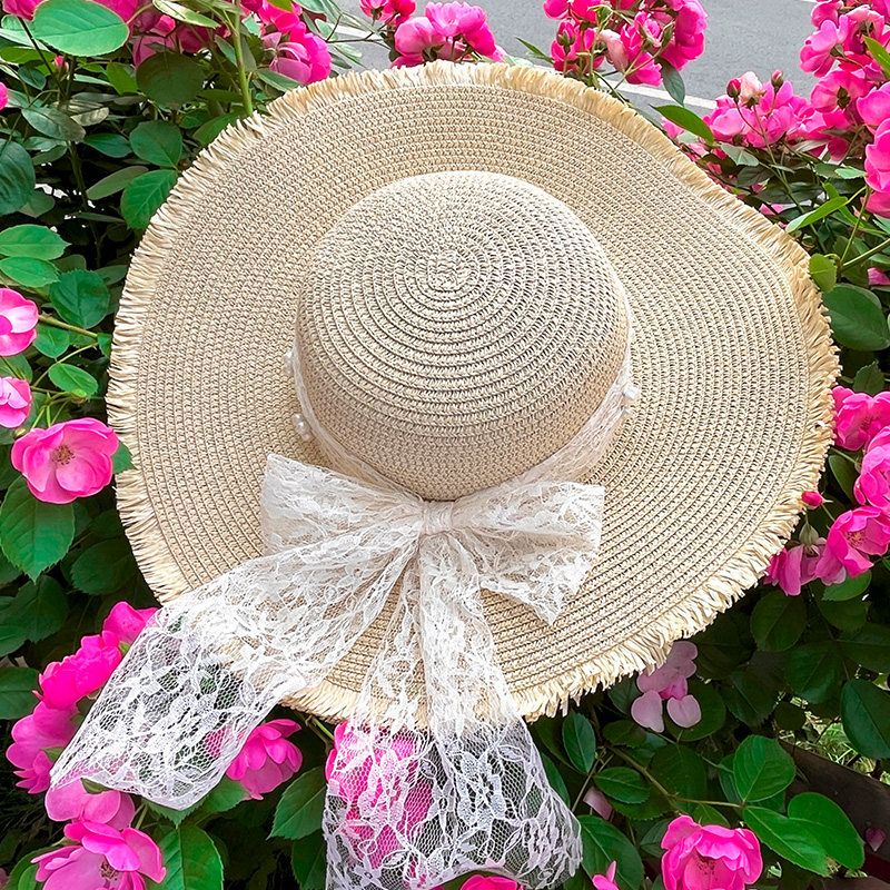 蕾丝蝴蝶结大帽檐沙滩草帽女2025年春新款海边遮阳防晒太阳帽子潮,淘宝优惠券,粉丝福利购,淘宝优惠卷