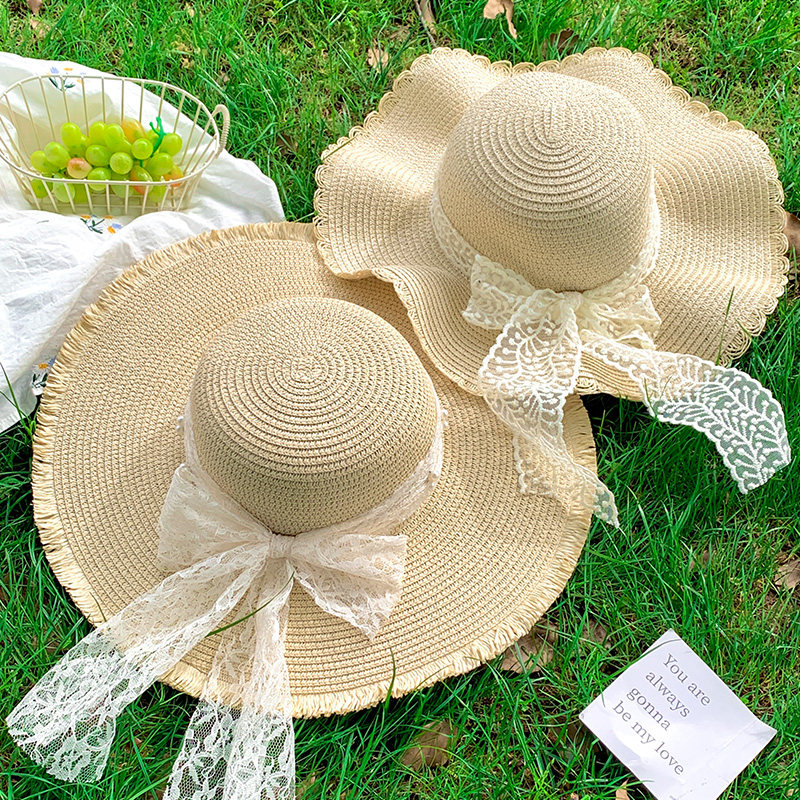 蕾丝蝴蝶结大帽檐沙滩草帽女2025年春新款海边遮阳防晒太阳帽子潮,淘宝优惠券,粉丝福利购,淘宝优惠卷