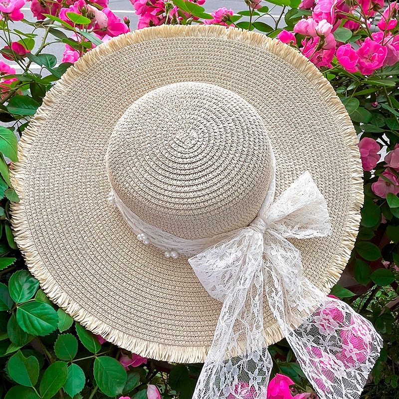 蕾丝蝴蝶结大帽檐沙滩草帽女2025年春新款海边遮阳防晒太阳帽子潮,淘宝优惠券,粉丝福利购,淘宝优惠卷