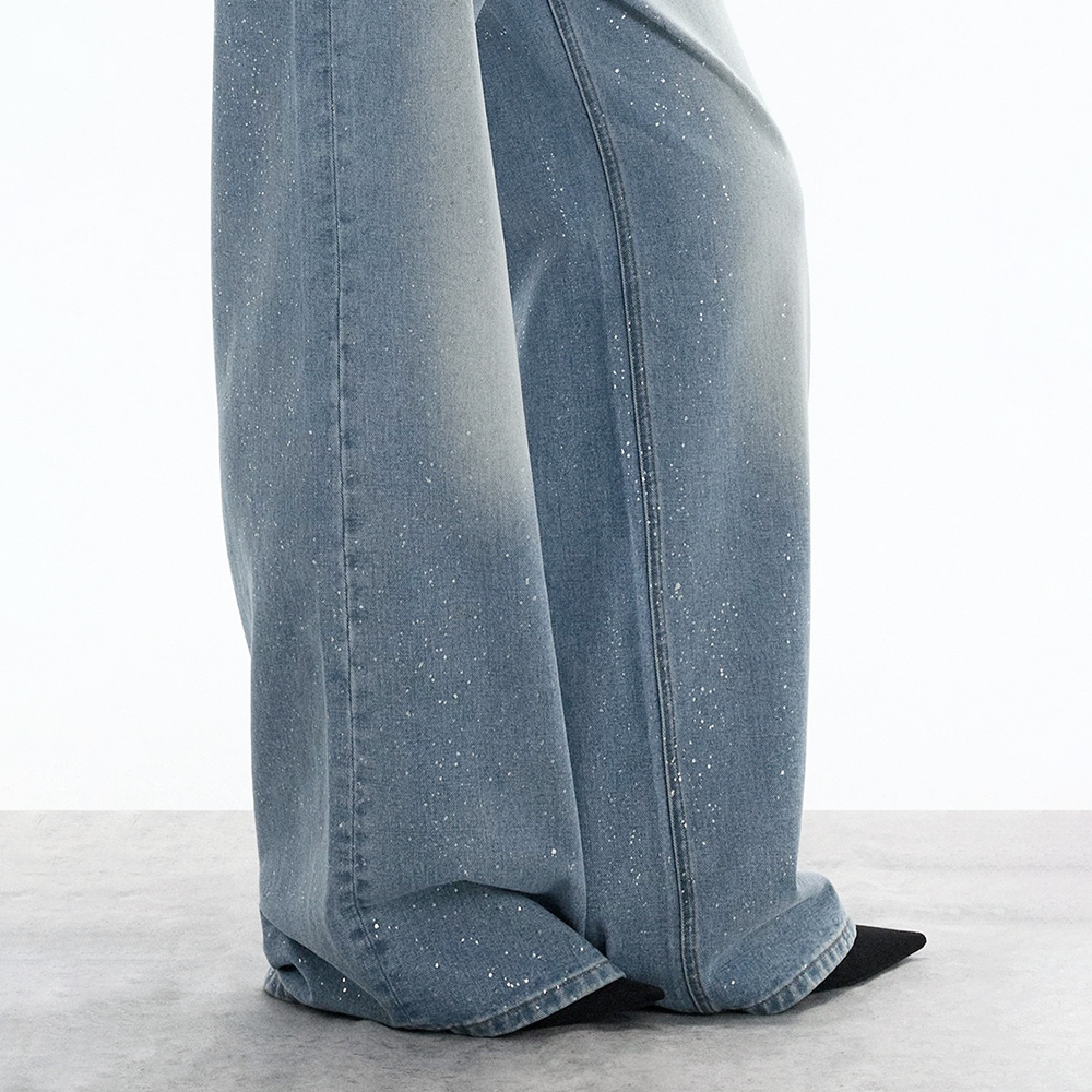 高个子175cm加长款超长高腰休闲满天星亮闪水洗蓝色牛仔拖地裤 - 图3