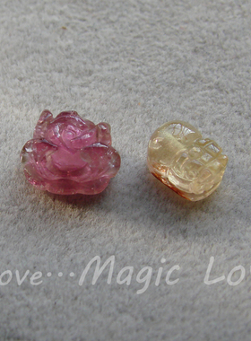 【Magic Love】天然玻璃体粉黄西瓜碧玺◎玫瑰花貔貅通孔配件一对