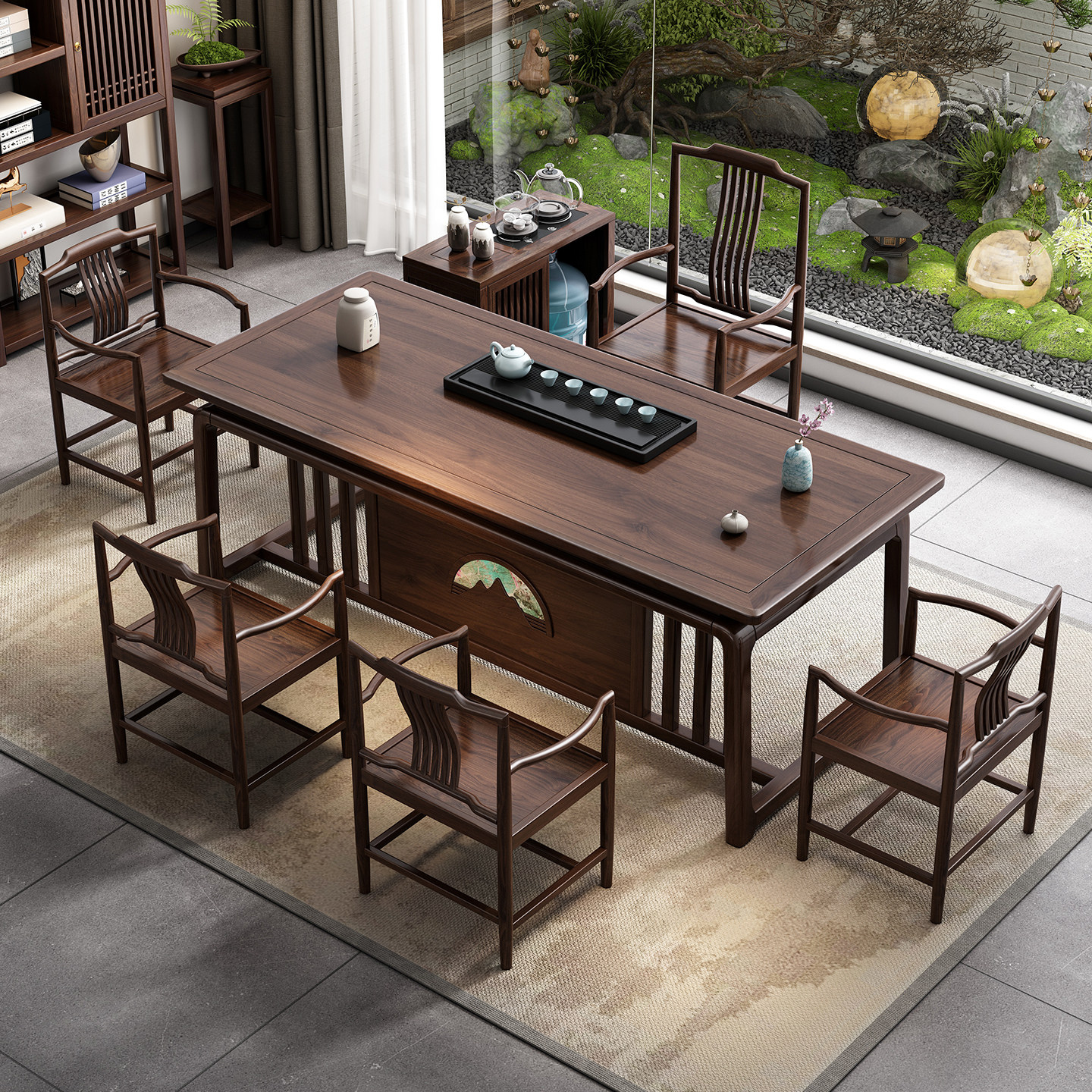 新中式乌金木实木茶桌茶台烧水壶一体茶桌椅组合办公室小型带茶盘,淘宝优惠券,粉丝福利购,淘宝优惠卷