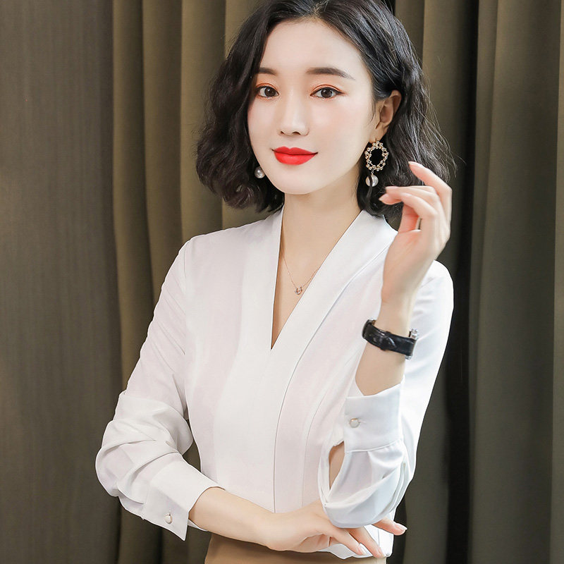 白色雪纺女播音主持人v领西服衬衫 怡情姿衬衫