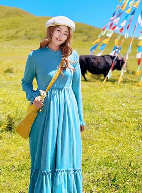 【宫佩Cocoa小苏】天鹅湖蓝色针织裙旅行拍照出片长袖连衣裙穿搭