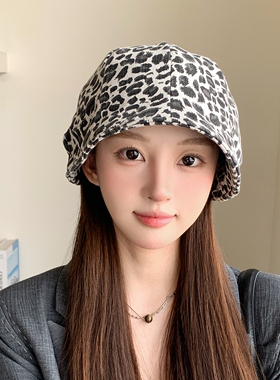复古豹纹宽檐渔夫帽女显脸小