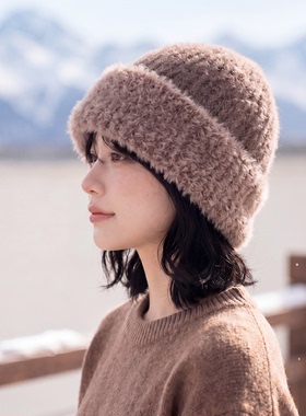 秋冬毛绒拼接护耳针织帽女保暖