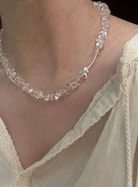 不规则白水晶项链日韩高级感锁骨链通体S925纯银猫眼珠简约OT扣