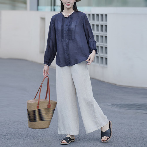 麻意 100%苎麻木耳领衬衫女长袖 2026夏季薄款风琴褶上衣 - 图2