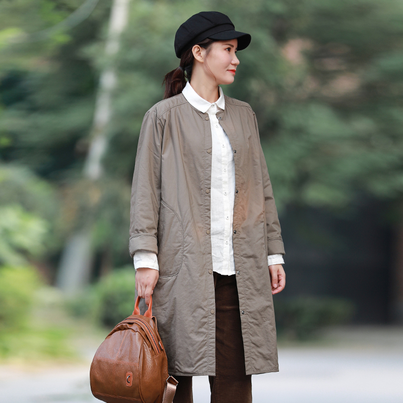 包邮 高密棉 复古森女系薄款棉服女秋冬季中长款宽松简约夹棉外套 - 图1