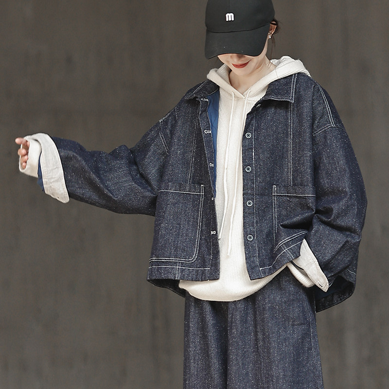 重工100%斜纹棉 复古POLO领夹棉牛仔外套女宽松 日系短款棉衣棉服,淘宝优惠券,粉丝福利购,淘宝优惠卷