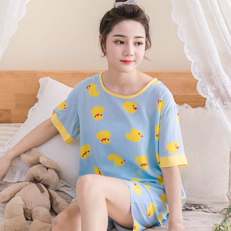 薄款睡衣女士夏季短袖套装青年大码短裤棉绸家居服绵绸中裤人造棉 薄款睡衣女士夏季短袖套装青年大码短裤棉绸家居服绵绸中裤人造棉