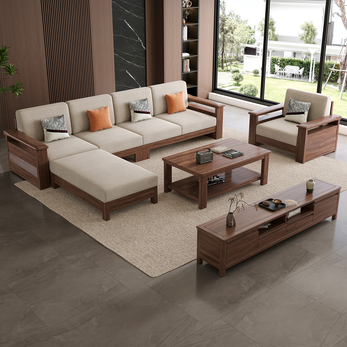 宋氏美学北美黑胡桃实木沙发客厅直排L型转角沙发布艺组合家具