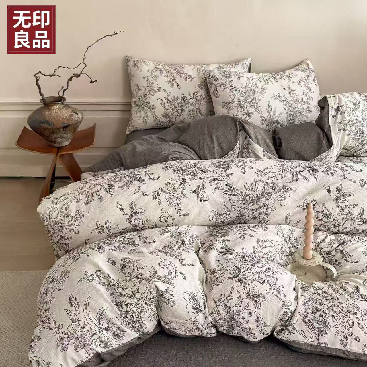 【无印良品】A类加厚高克重原麻复古亚麻四件套印花款床上用品yf