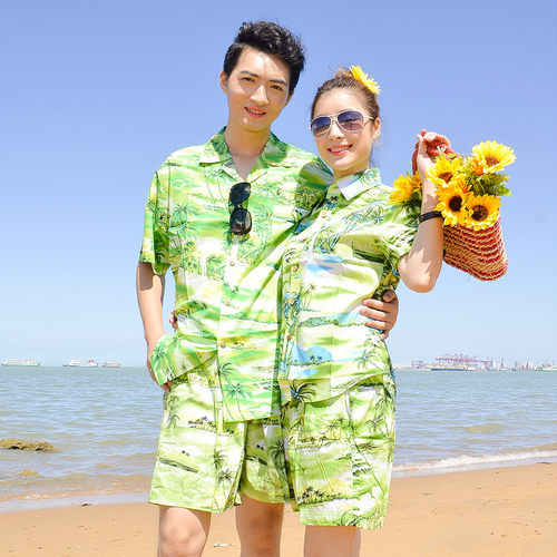 海南岛服沙滩服衬衫夏威夷短袖衬衫男女三亚旅游衣服情侣宽松套装 - 图2