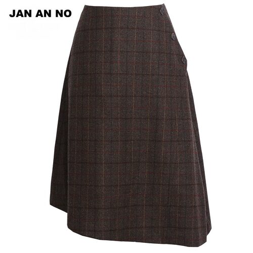 JAN AN NO简爱诺冬季深咖格纹羊毛不规则A摆半身裙J2060058DQ - 图3