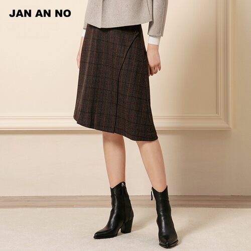 JAN AN NO简爱诺冬季深咖格纹羊毛不规则A摆半身裙J2060058DQ - 图0