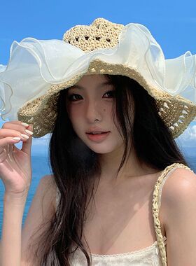 法式蕾丝草帽夏季草编太阳帽帽檐透气海边沙滩遮阳防晒度假帽子