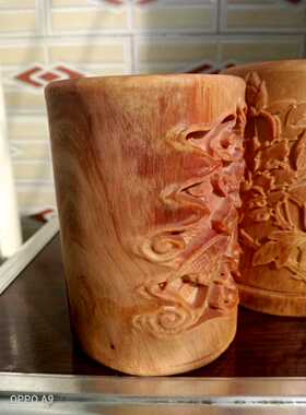 特色手工艺品笔筒长白山琥珀木北沉香满油全透松丁料把玩件精雕刻