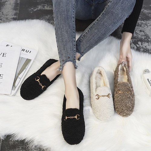 豆豆鞋女冬加绒2025年新款平底单鞋棉瓢鞋羊羔毛女鞋一脚蹬毛毛鞋 - 图0