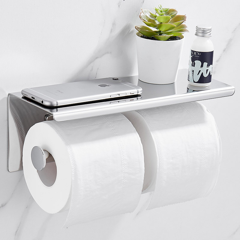 厕所纸巾架卷纸304不锈钢放手机置物双厕纸架免打孔卫生间纸巾盒-图1