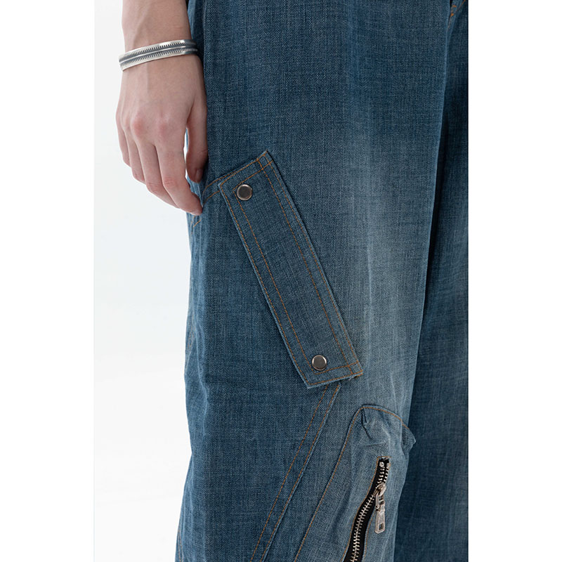 ERROR CODE水洗牛仔裤复古毛边拼接宽松休闲潮牌直筒长裤秋季男女 - 图2