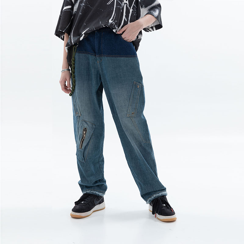 ERROR CODE水洗牛仔裤复古毛边拼接宽松休闲潮牌直筒长裤秋季男女 - 图0